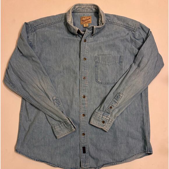 Vtg Woolrich Men's Button Down Light Wash Denim Short Long Sleeve Size XL - Picture 1 of 4